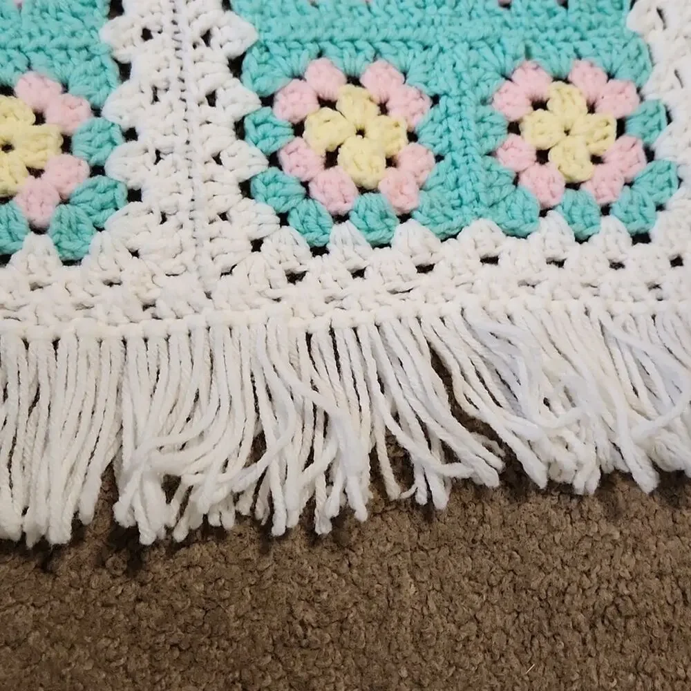 Gender‎ Neutral Handmade Crocheted Baby Blanket Multi-Colored Fringe 57x44 Crib